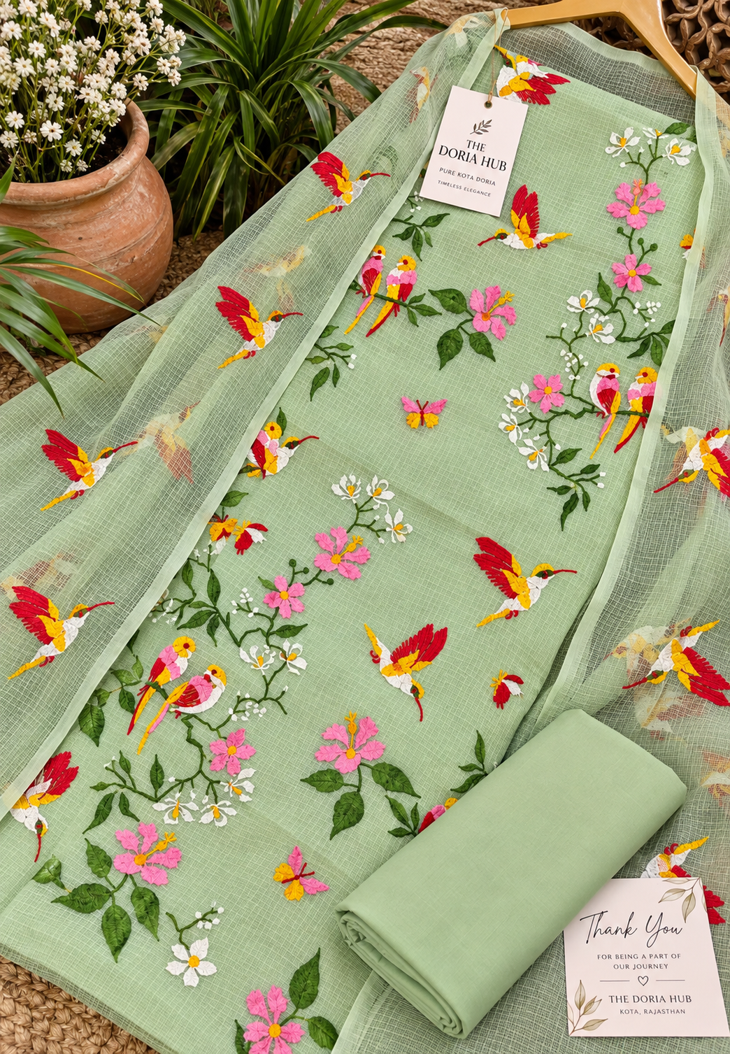 Mint green Kota Doria embroidered dress material with floral and bird motifs