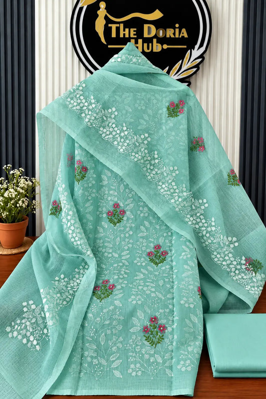 Mint green Kota Doria embroidered dress material with floral dupatta