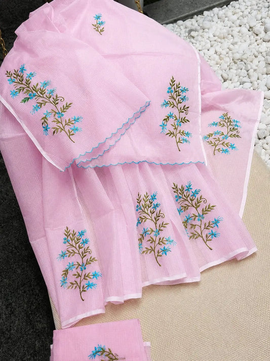 Pastel pink Kota Doria cotton saree with blue floral embroidery and blouse