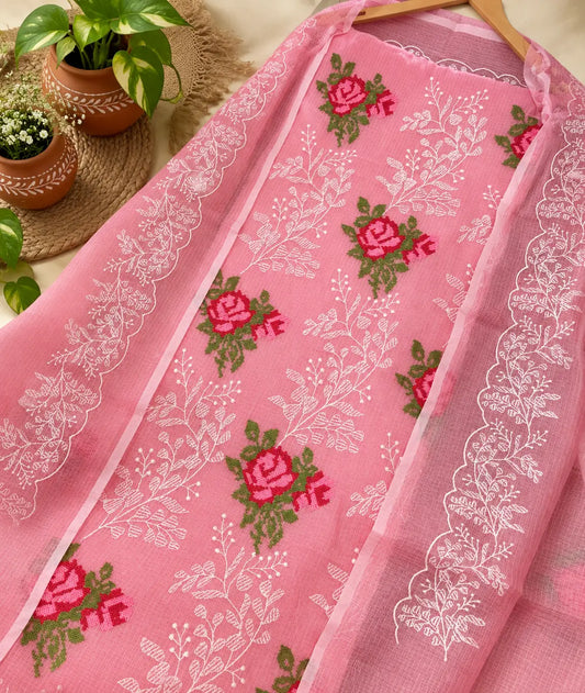 Pink Kota Doria embroidered dress material with floral dupatta