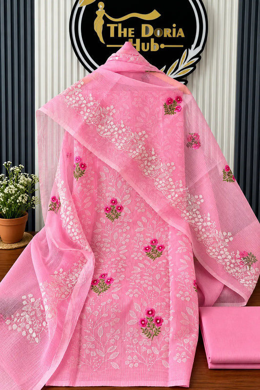 Pink Kota Doria embroidered dress material with floral dupatta