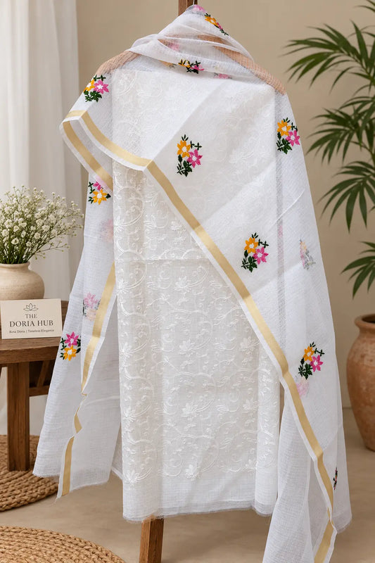 White Kota Doria embroidered dress material with floral dupatta