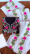 White Kota Doria embroidered dress material with floral embroidery and dupatta