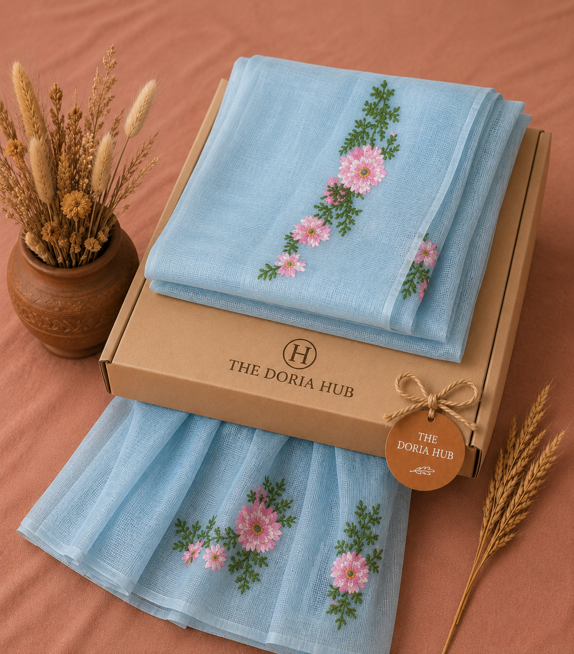 Sky Blue Kota Doria Cotton Thread Embroidery Saree