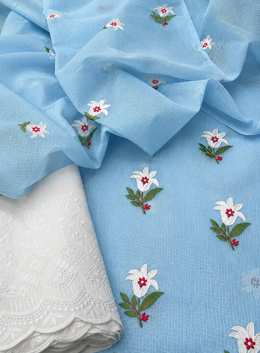 Blush Sky Blue Kota Doria Dress Material with Embroidered Cotton Bottom