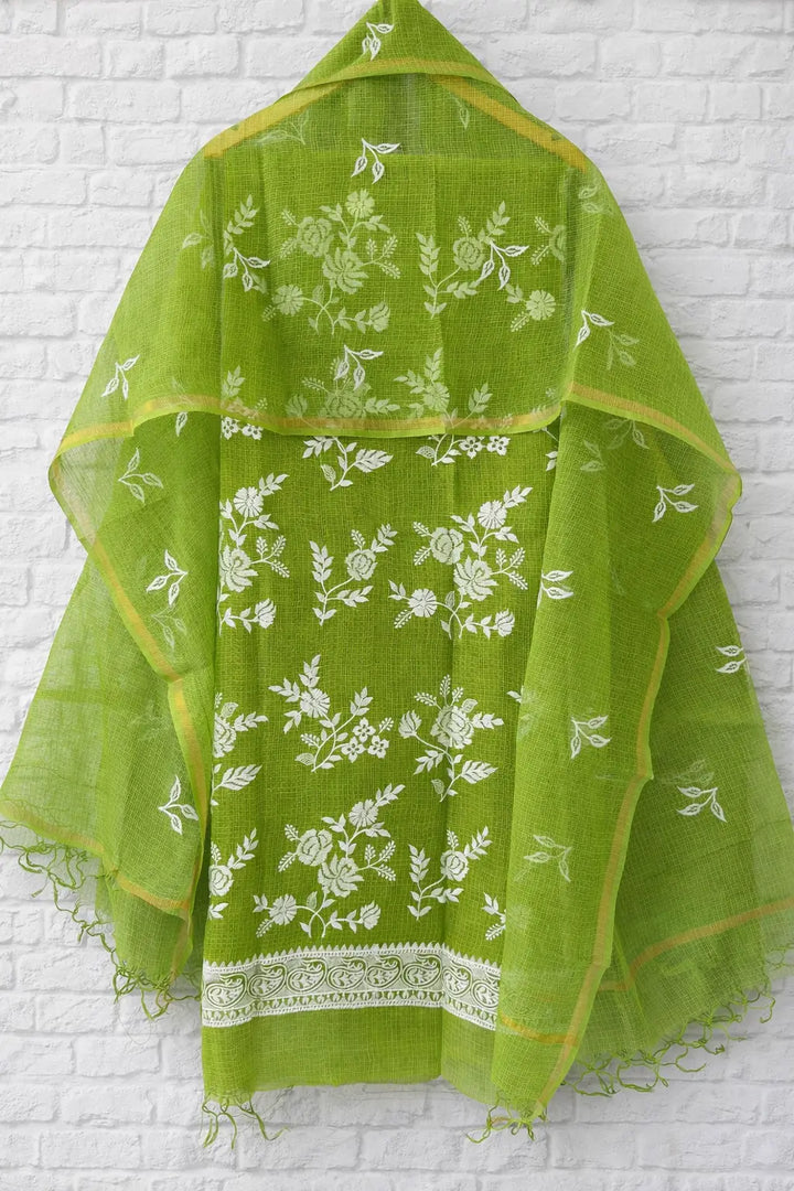 Pure Kota Cotton Embroidered Thread Work Unstitched Dress Material (Top + Dupatta)