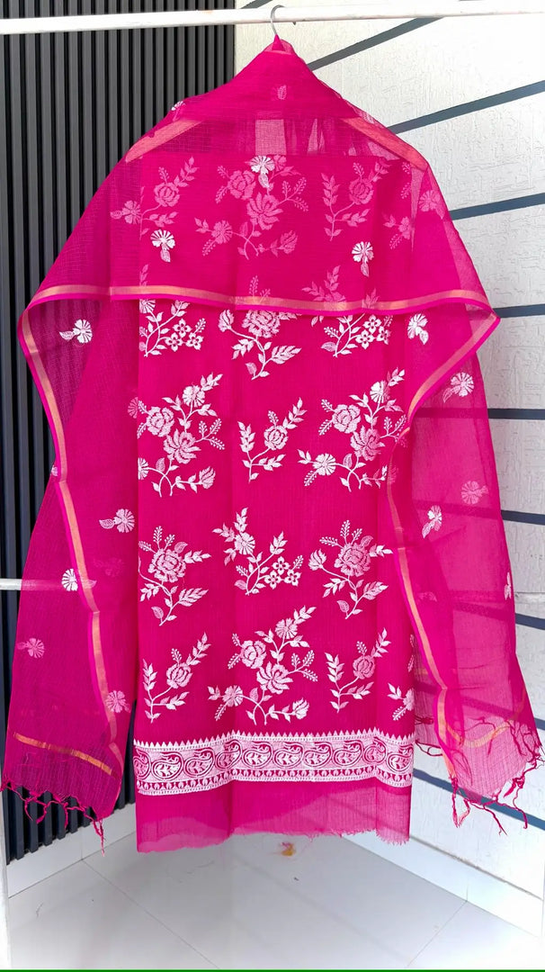 Pure Kota Cotton Embroidered Thread Work Unstitched Dress Material (Top + Dupatta)