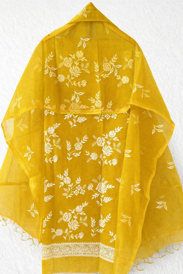 Pure Kota Cotton Embroidered Thread Work Unstitched Dress Material (Top + Dupatta)
