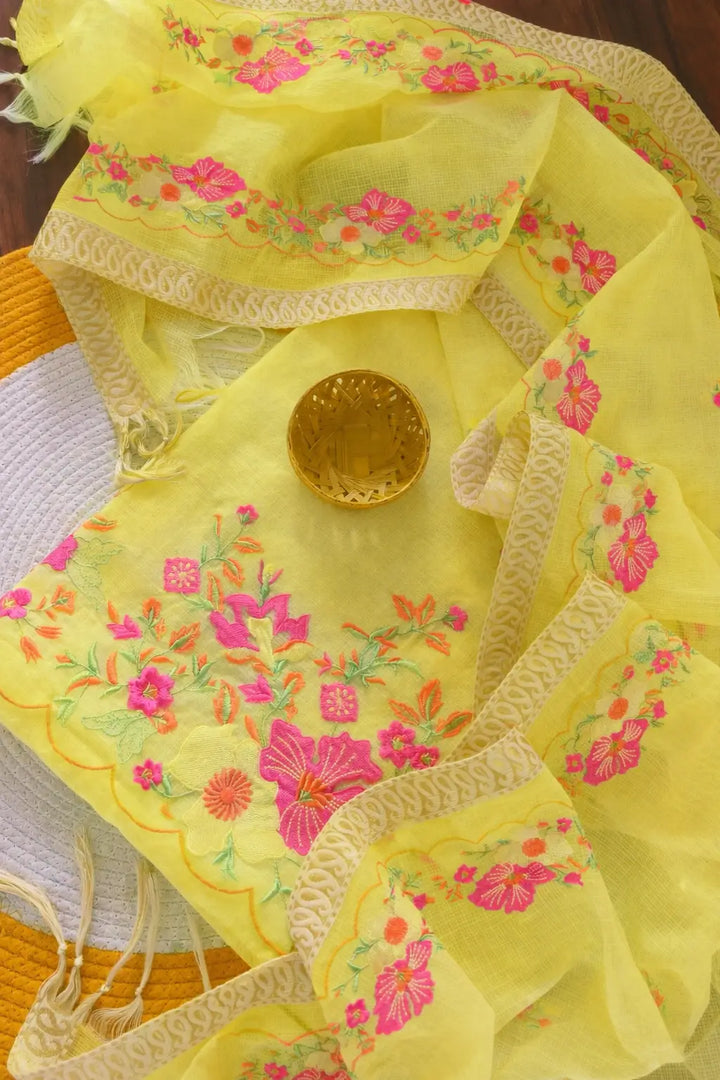 100% Pure Kota Cotton Embroidered Dress Material with Beautiful Zakat Border Dupatta (Top + Dupatta)