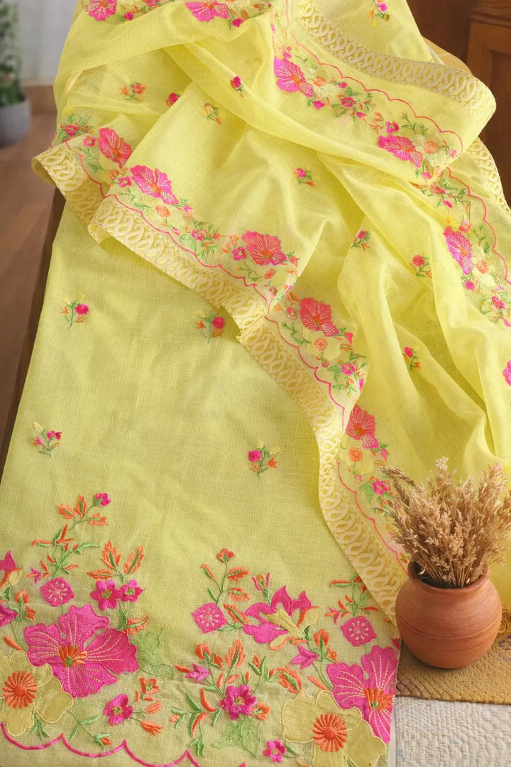 100% Pure Kota Cotton Embroidered Dress Material with Beautiful Zakat Border Dupatta (Top + Dupatta)