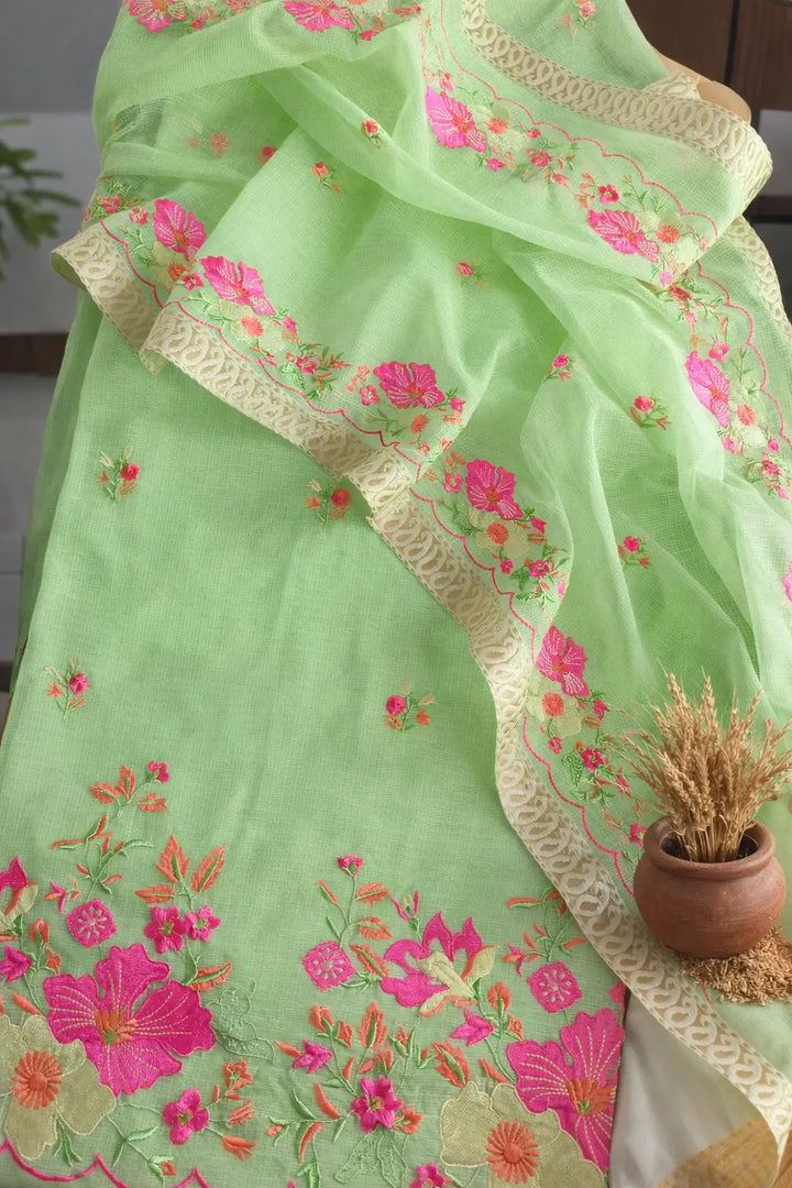 100% Pure Kota Cotton Embroidered Dress Material with Beautiful Zakat Border Dupatta (Top + Dupatta)