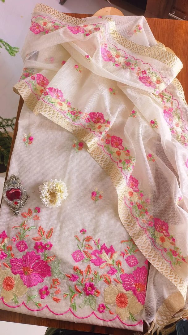 100% Pure Kota Cotton Embroidered Dress Material with Beautiful Zakat Border Dupatta (Top + Dupatta)