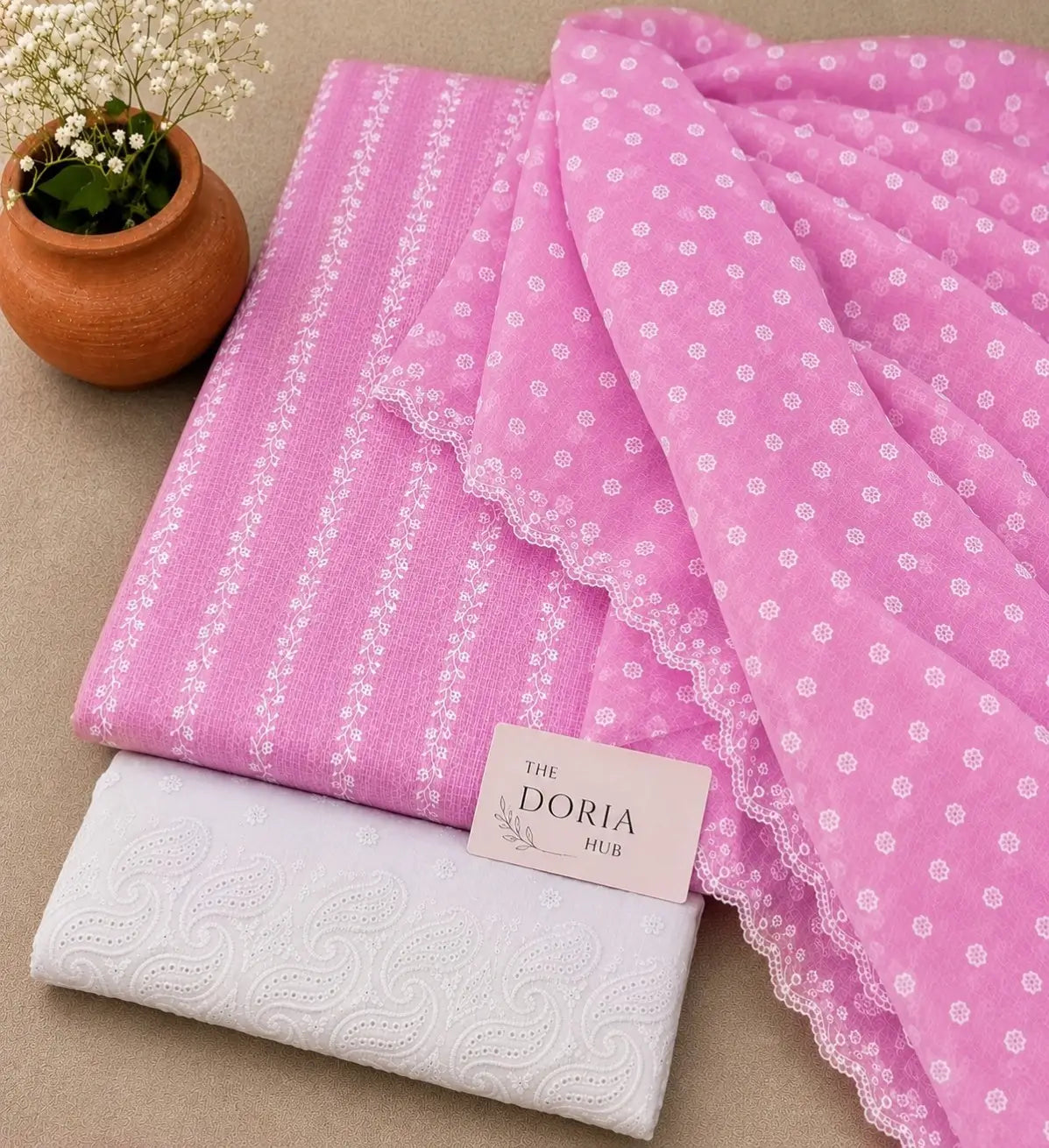 Blush Pink Kota Doria Printed Dress Material with Embroidered Cotton Bottom