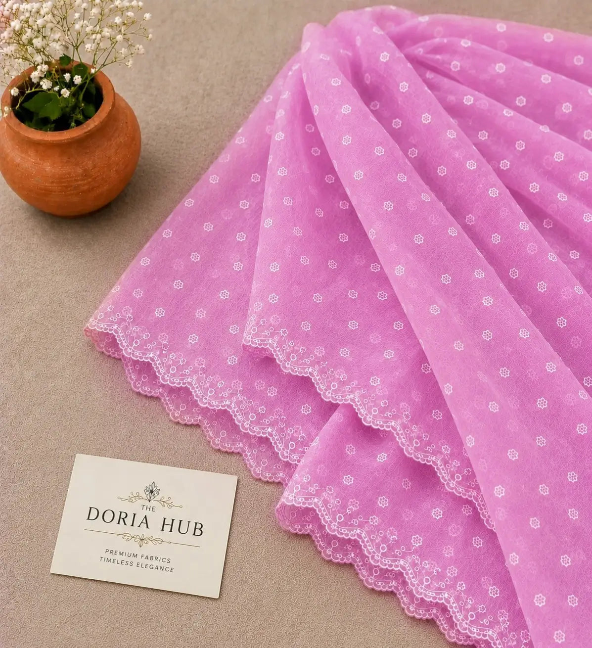 Blush Pink Kota Doria Printed Dress Material with Embroidered Cotton Bottom