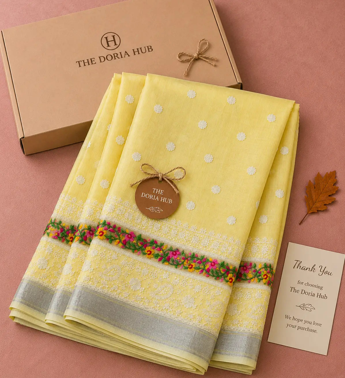 Sunshine Yellow Kota Doria Floral Embroidered Saree with Silver Zari Border