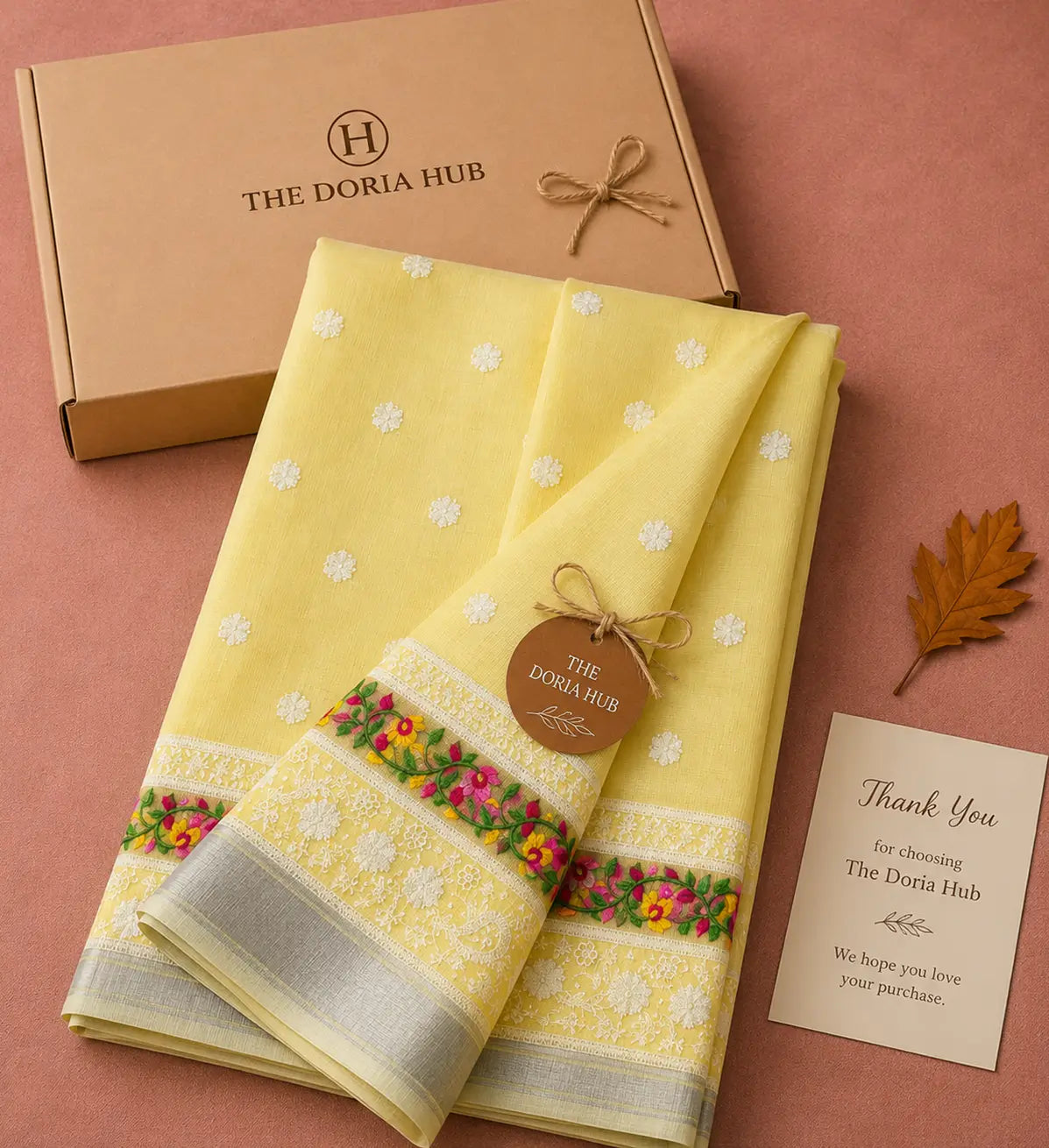 Sunshine Yellow Kota Doria Floral Embroidered Saree with Silver Zari Border