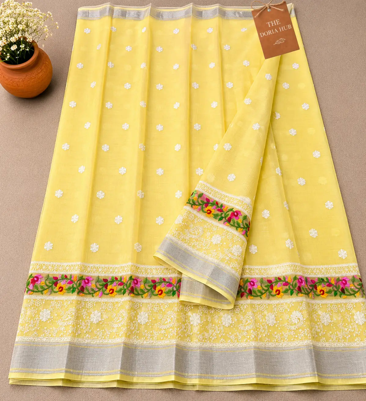 Sunshine Yellow Kota Doria Floral Embroidered Saree with Silver Zari Border