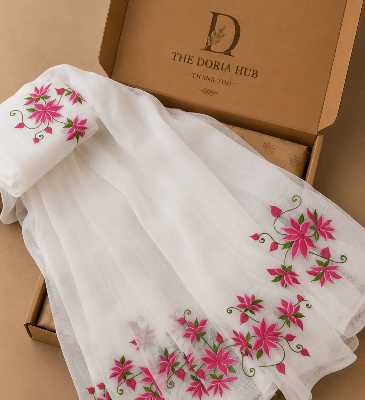 Ivory White Kota Doria Saree with Pink Floral Embroidery