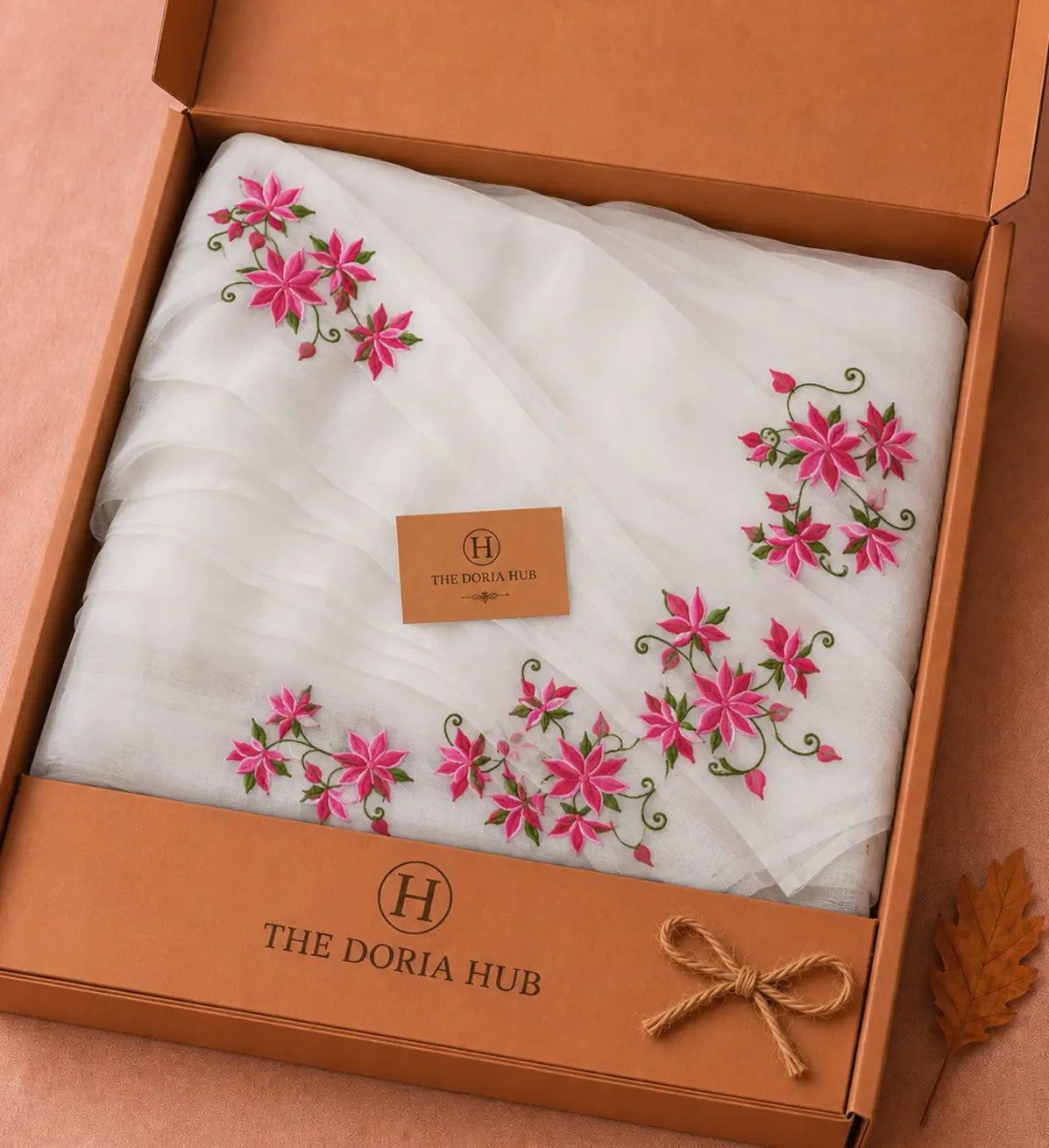 Ivory White Kota Doria Saree with Pink Floral Embroidery
