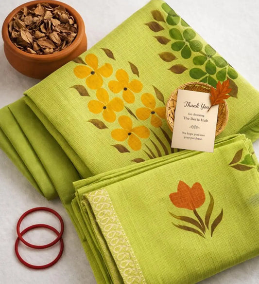 Pure Kota Doria Cotton Soft Handmade Brush Painting Dress Material with Beautiful Zakat Border
