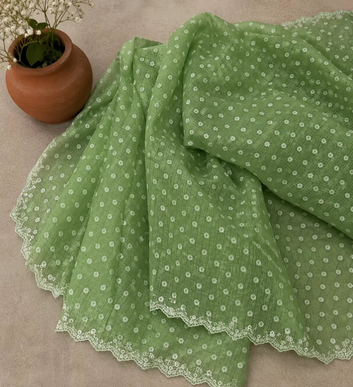 Meadow Green Kota Doria Printed Dress Material with Embroidered Cotton Bottom