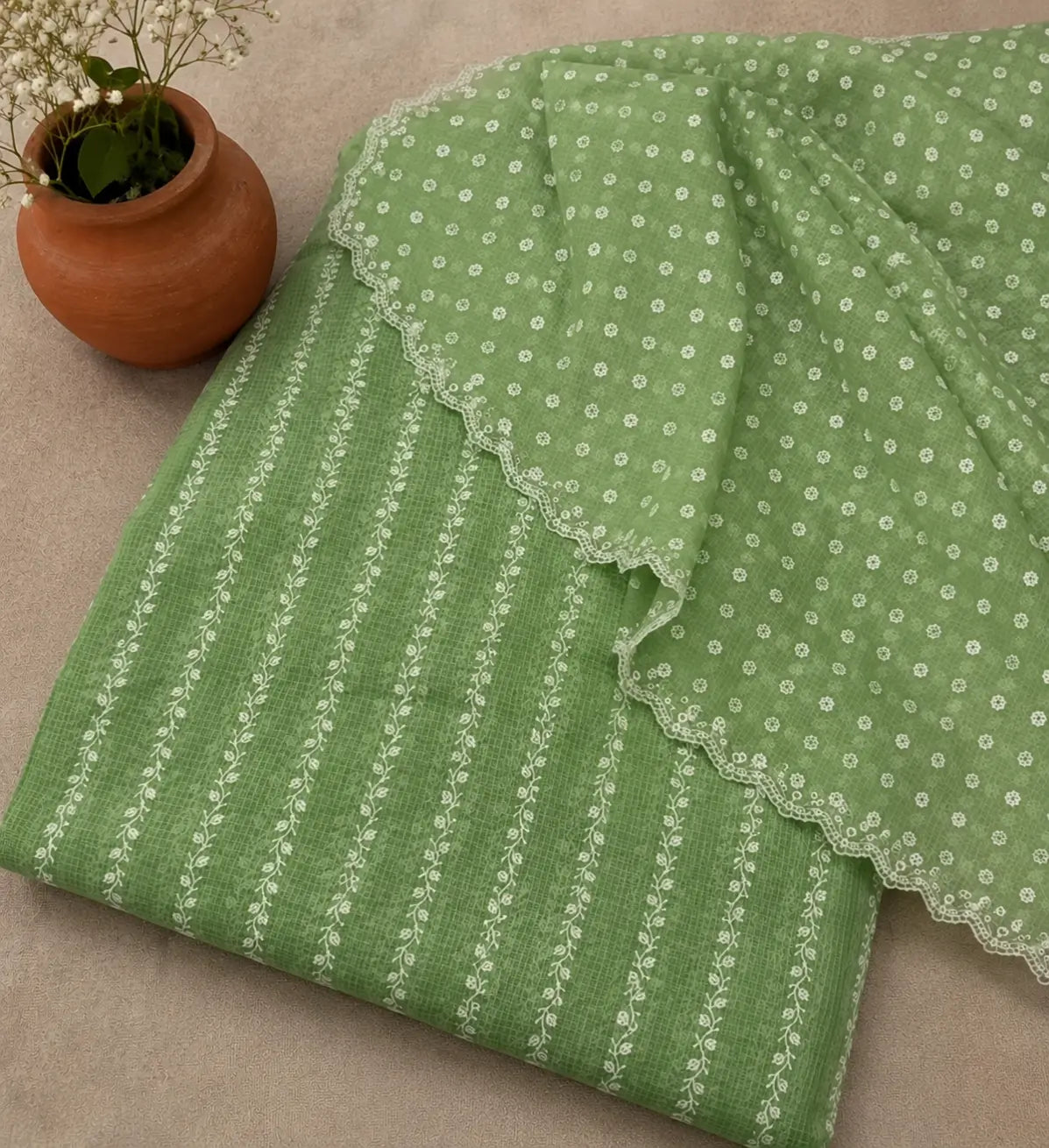 Meadow Green Kota Doria Printed Dress Material with Embroidered Cotton Bottom