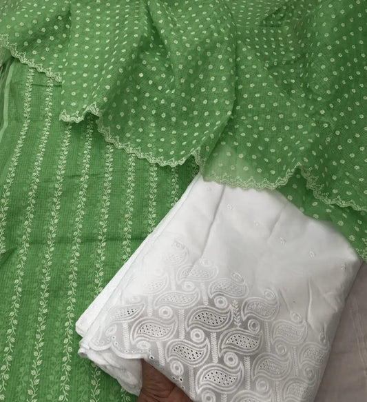 Meadow Green Kota Doria Printed Dress Material with Embroidered Cotton Bottom