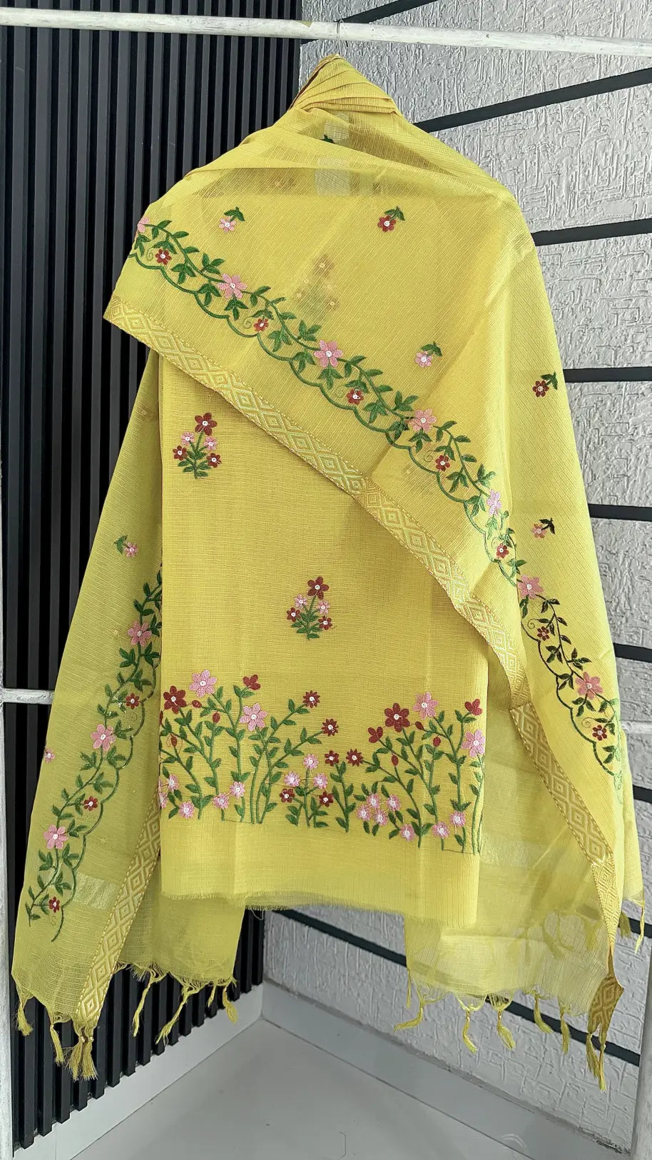 Mustard Yellow Kota Doria Cotton Thread Embroidery Dress Material Set