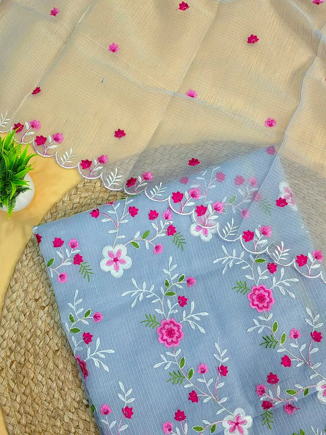 Elegant Blue Kota Doria Cotton Thread Embroidery Dress Material with Floral Dupatta