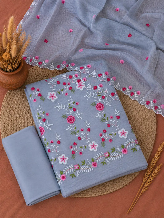 Elegant Blue Kota Doria Cotton Thread Embroidery Dress Material with Floral Dupatta
