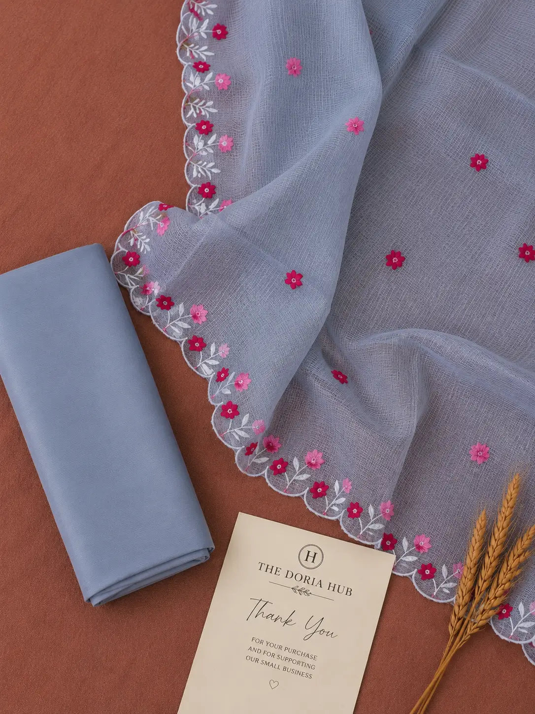 Elegant Blue Kota Doria Cotton Thread Embroidery Dress Material with Floral Dupatta