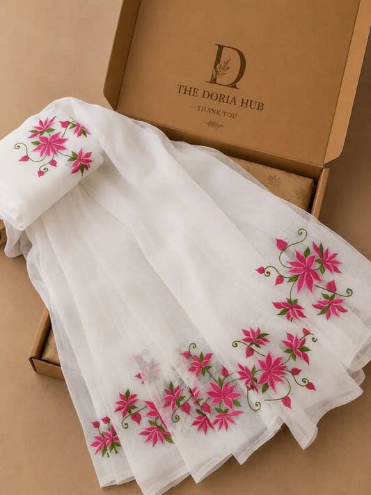 Ivory White Kota Doria Saree with Pink Floral Embroidery