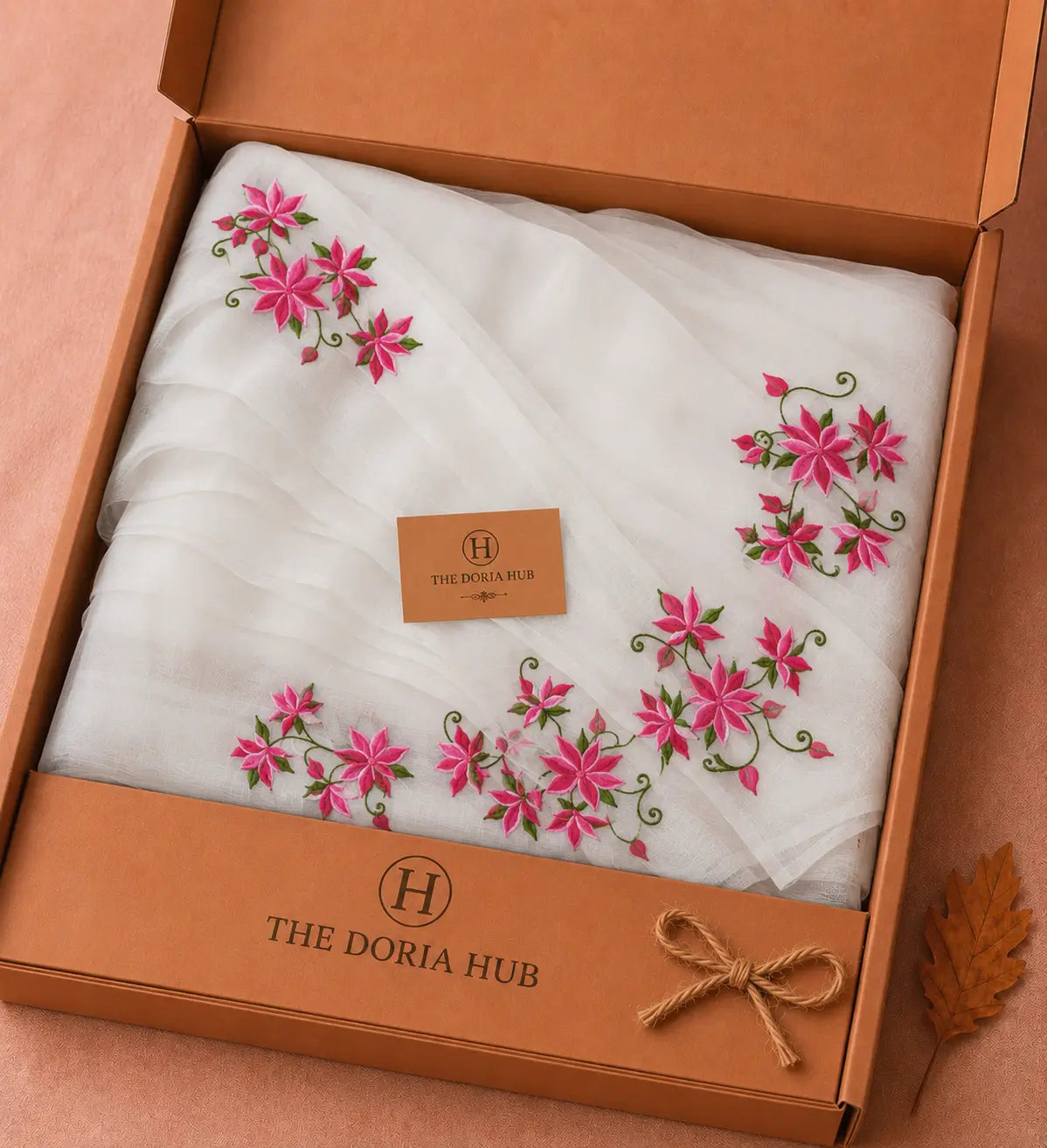 Ivory White Kota Doria Saree with Pink Floral Embroidery