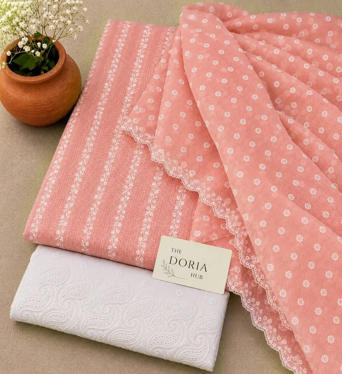 Blush Peach Kota Doria Printed Dress Material with Embroidered Cotton Bottom