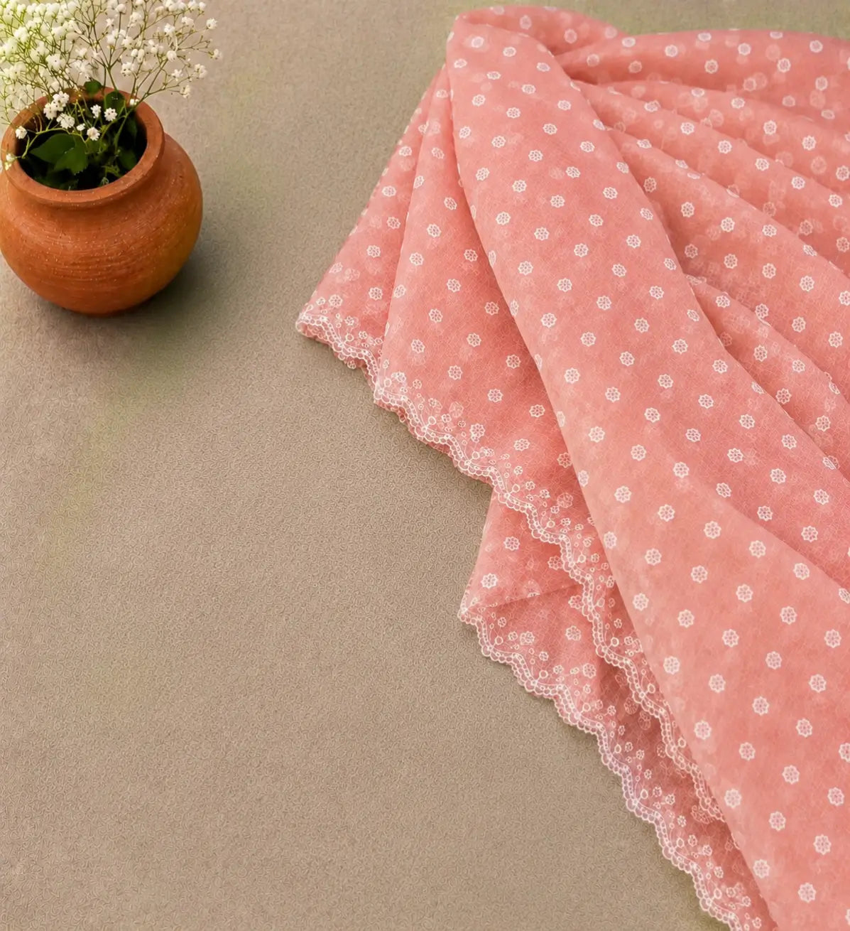 Blush Peach Kota Doria Printed Dress Material with Embroidered Cotton Bottom