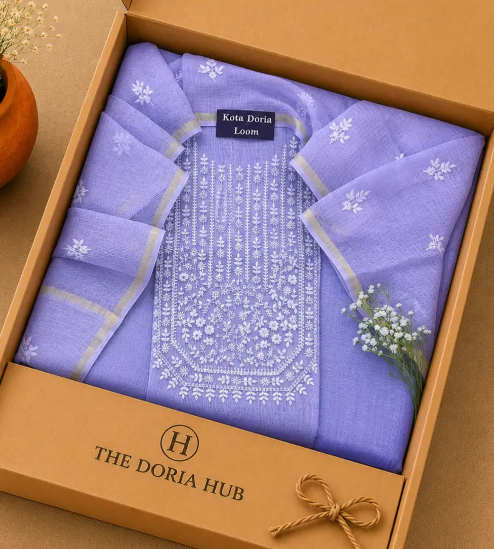 Lavender Kota Doria Cotton Thread Embroidery Dress Material Set