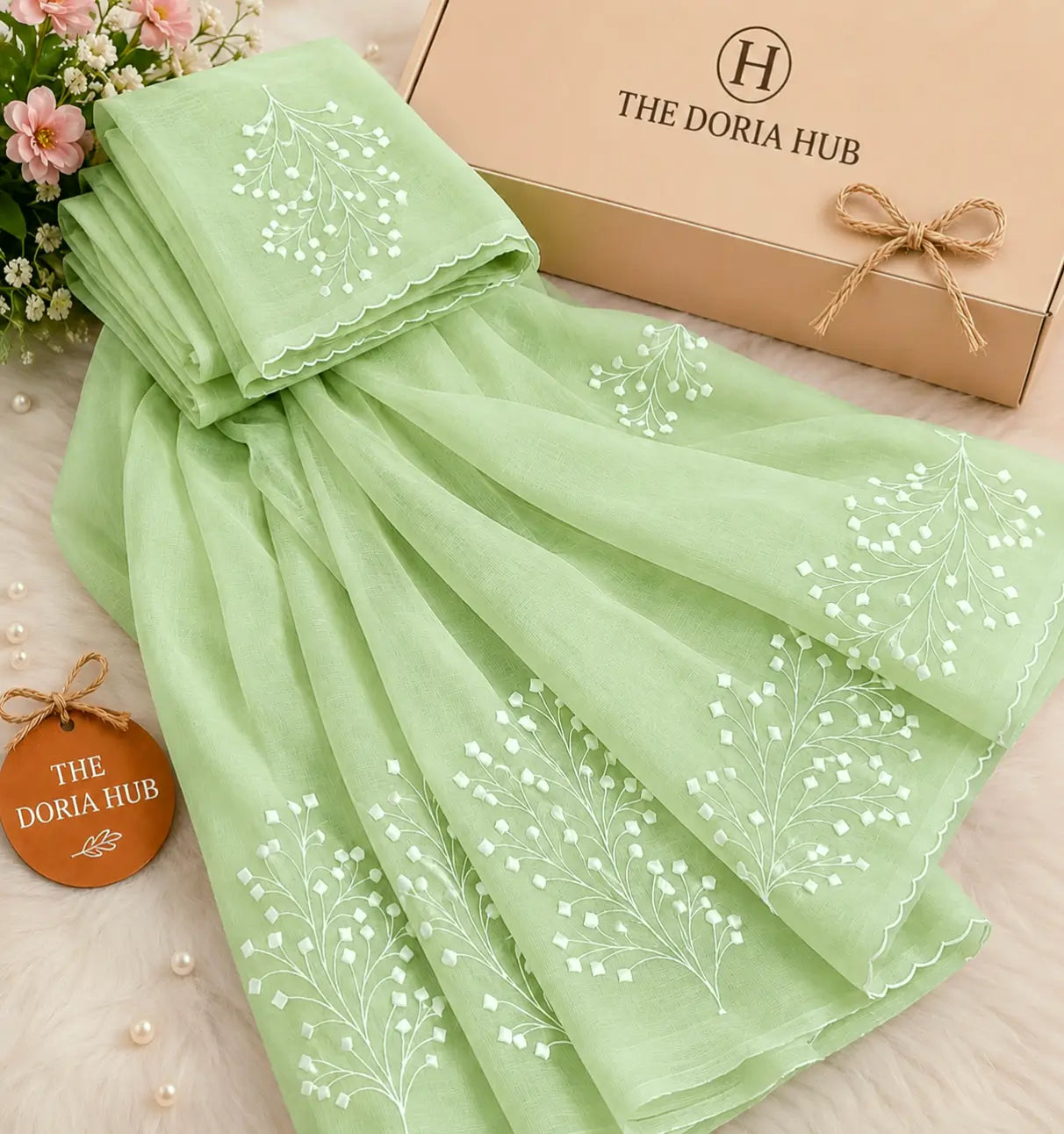Mint Green Kota Doria Embroidered Saree with Floral Vine Motifs