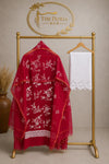 Ruby Red Kota Doria Floral Dress Material with Embroidered Cotton Bottom