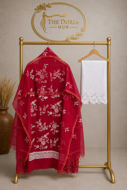 Ruby Red Kota Doria Floral Dress Material with Embroidered Cotton Bottom