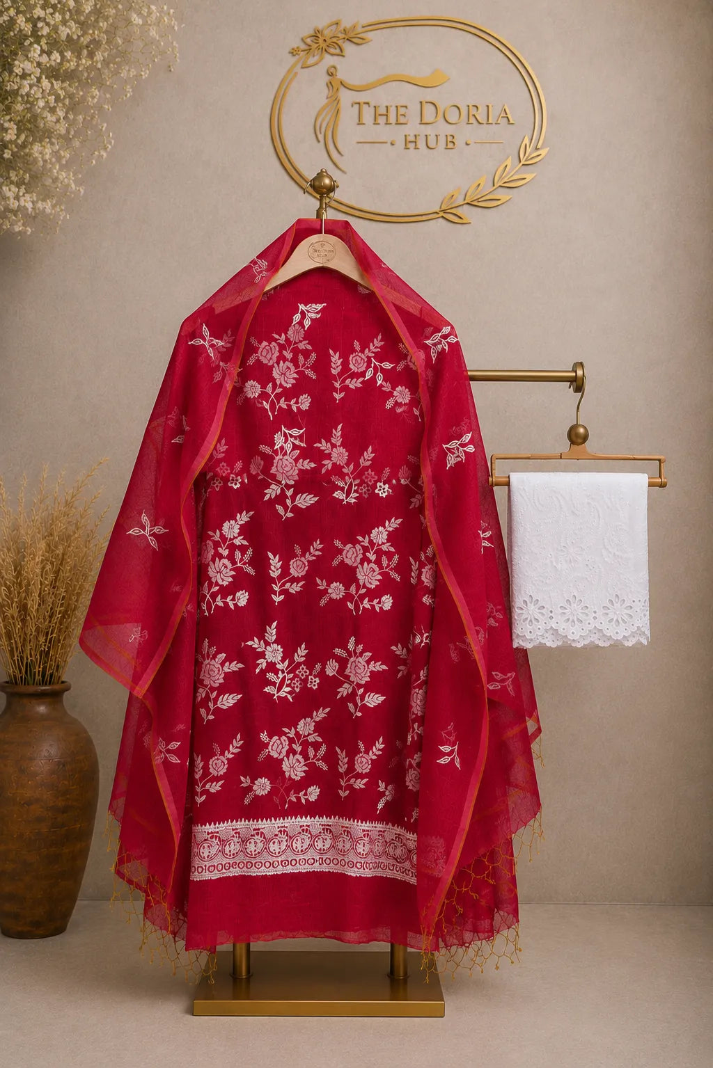 Ruby Red Kota Doria Floral Dress Material with Embroidered Cotton Bottom