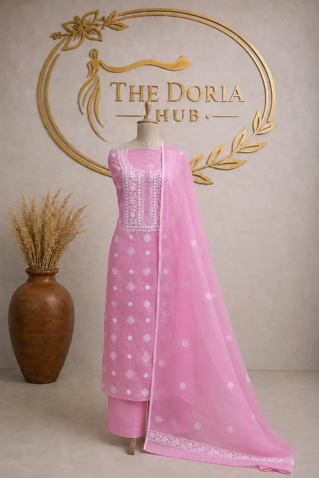 Blush Pink Kota Doria Embroidered Dress Material with Matching Dupatta