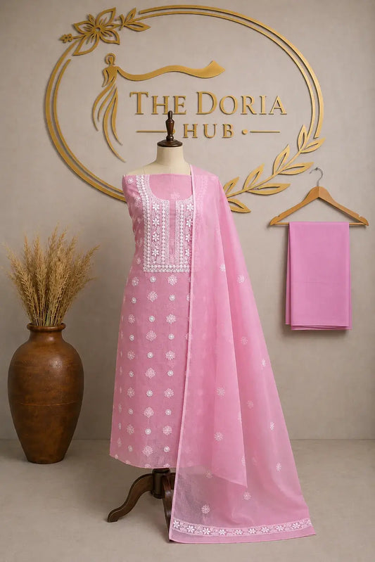 Blush Pink Kota Doria Embroidered Dress Material with Matching Dupatta