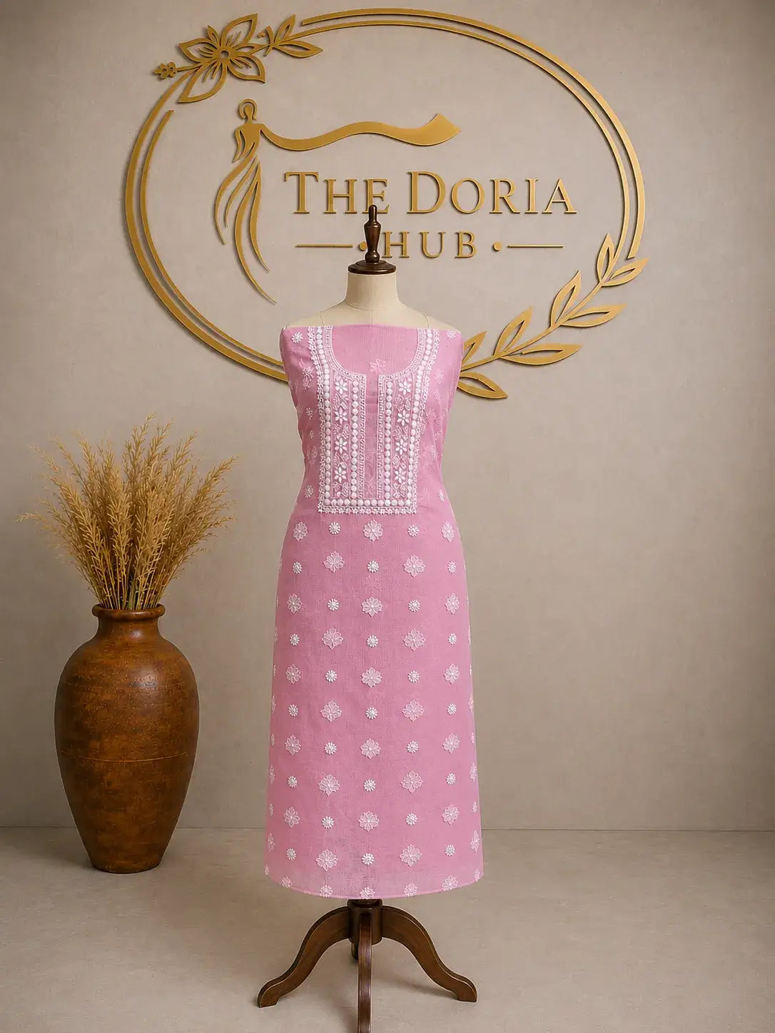Blush Pink Kota Doria Embroidered Dress Material with Matching Dupatta