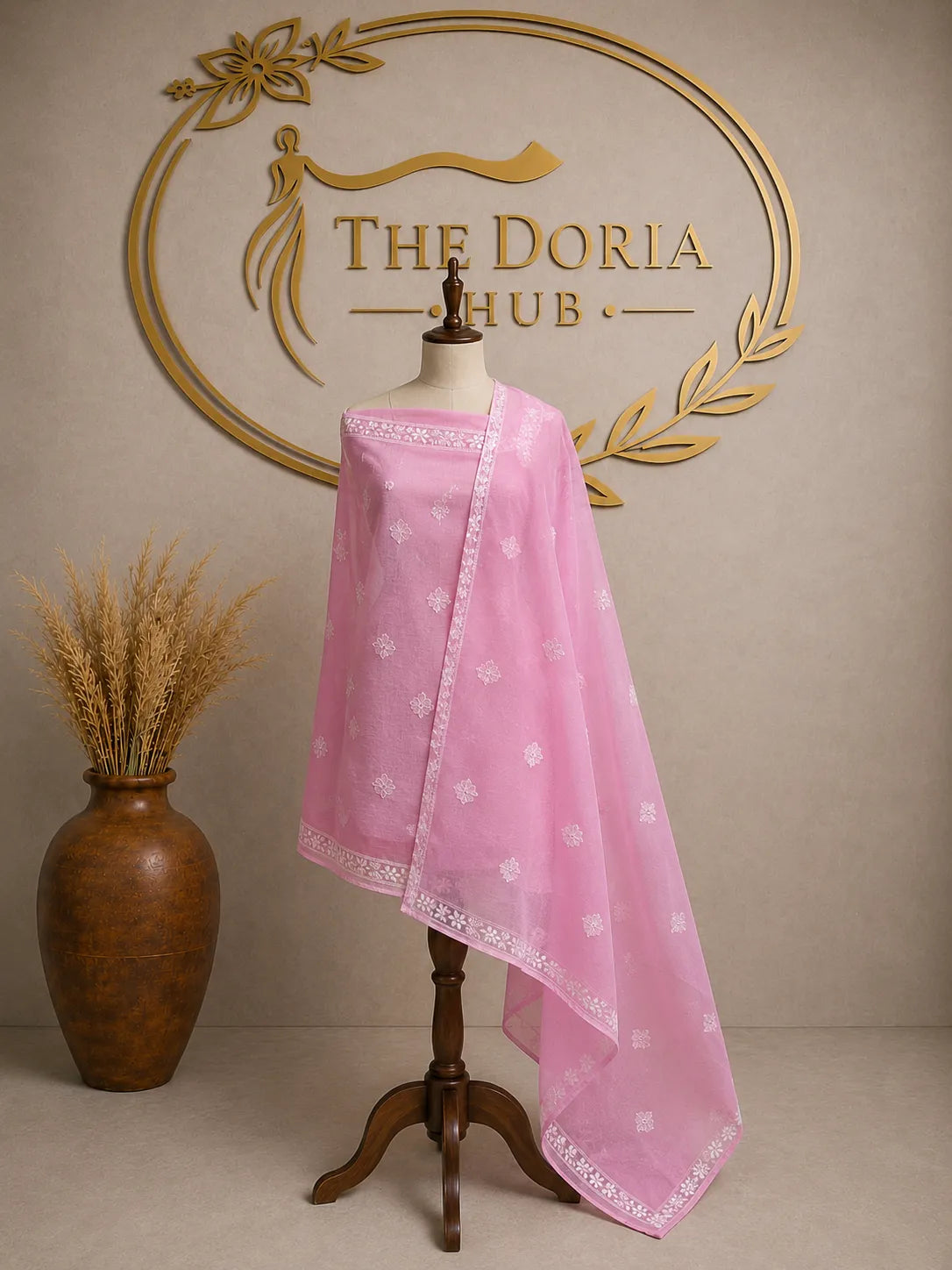 Blush Pink Kota Doria Embroidered Dress Material with Matching Dupatta