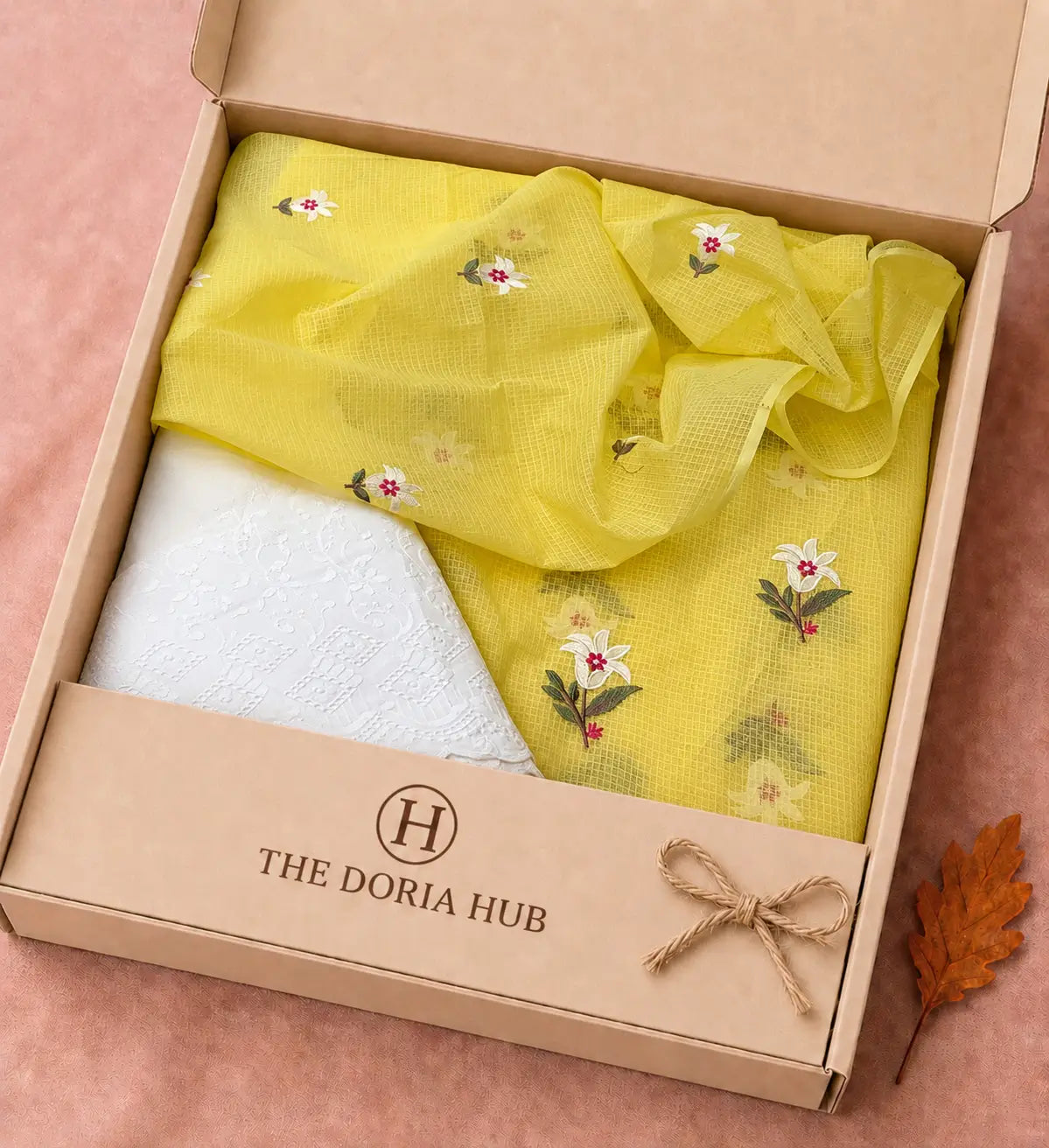 Sunshine Yellow Kota Doria Floral Dress Material with Embroidered Cotton Bottom