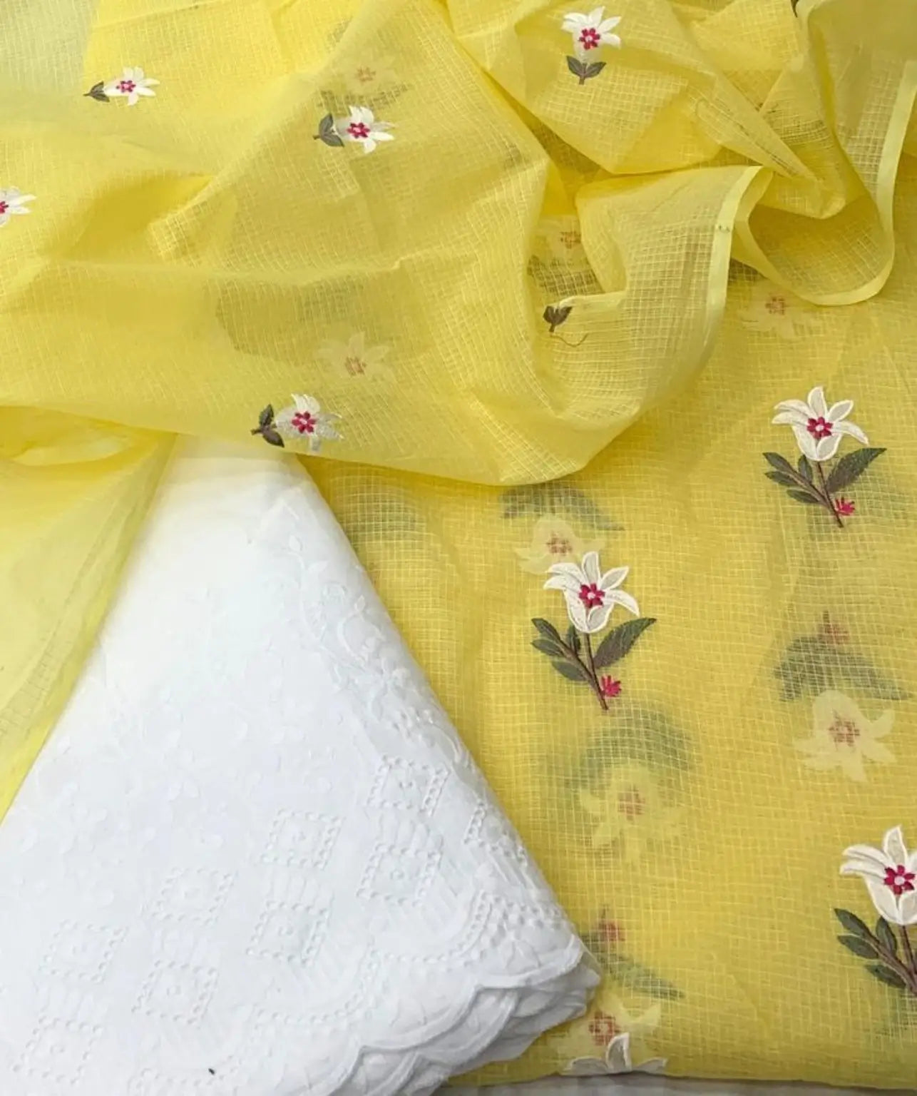 Sunshine Yellow Kota Doria Floral Dress Material with Embroidered Cotton Bottom