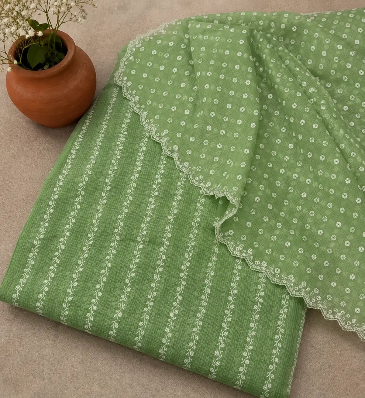 Meadow Green Kota Doria Dress Material with Embroidered Cotton Bottom