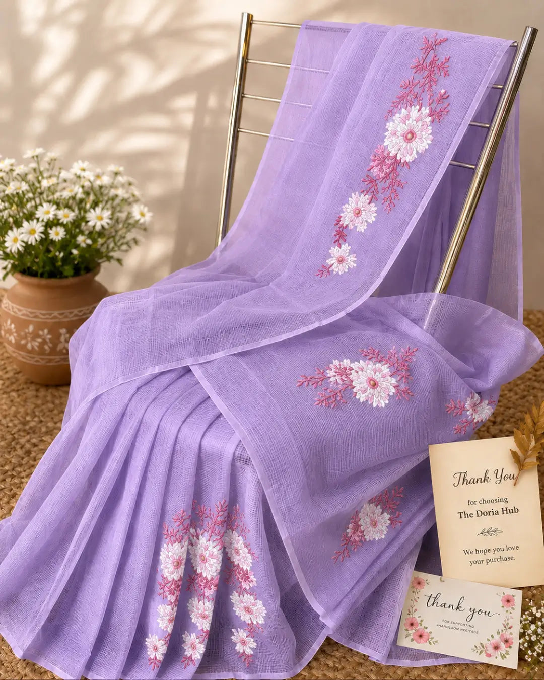 Lavender Kota Doria Cotton Thread Embroidery Saree