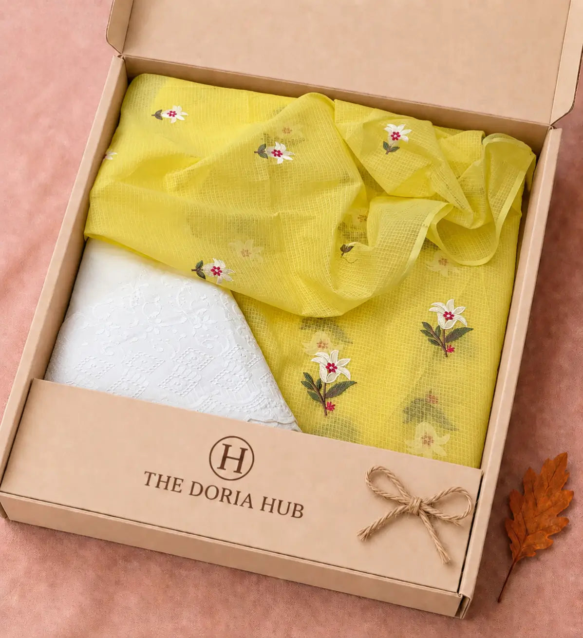 Sunshine Yellow Kota Doria Floral Printed Dress Material with Embroidered Cotton Bottom