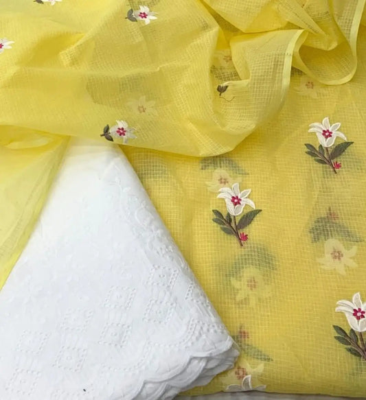 Sunshine Yellow Kota Doria Floral Printed Dress Material with Embroidered Cotton Bottom